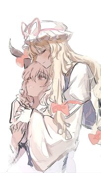 Rule 34 | 2girls, blonde hair, bow, closed eyes, closed mouth, commentary request, dress, gap (touhou), hair bow, hat, hat ribbon, highres, hug, hug from behind, long hair, long sleeves, mob cap, multiple girls, onigiri 222x714, pink eyes, pink hair, purple tabard, red bow, red ribbon, ribbon, saigyouji yuyuko, smile, tabard, touhou, upper body, white dress, white hat, wide sleeves, yakumo yukari, yuri