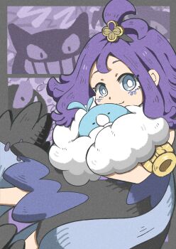 1girl absurdres acerola_(pokemon) armlet black_dress blue_eyes border bright_pupils closed_mouth commentary_request dress eyelashes gen_1_pokemon gen_3_pokemon gengar gold_armlet grey_border hair_ornament highres holding holding_pokemon nintendo pokemon pokemon_(creature) pokemon_sm purple_hair shiro_po_po smile swablu white_pupils