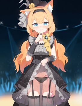 1girl absurdres animal_ear_fluff animal_ears black_dress black_garter_straps black_hairband black_hat black_panties black_thighhighs blue_archive blue_eyes blurry blurry_background blush cat_ears cat_girl clothes_lift commentary_request dress dress_lift finger_to_mouth flower garter_straps glowstick hairband hand_up hat hat_flower highres idol idol_clothes index_finger_raised lifting_own_clothes long_hair looking_at_viewer low_twintails mari_(blue_archive) mari_(idol)_(blue_archive) mini_hat mini_top_hat official_alternate_costume orange_hair panties pussy_juice sex_toy shasha_(shasha159357) shushing sleeveless sleeveless_dress smile solo stage sweat thighhighs top_hat twintails underwear vibrator vibrator_in_thighhighs vibrator_under_clothes vibrator_under_panties