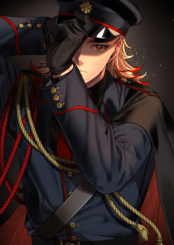 1boy adjusting_clothes adjusting_headwear aiguillette alternate_costume belt black_background black_belt black_cape black_gloves black_hat black_jacket black_shirt blonde_hair buttons cape closed_mouth collared_shirt commentary_request flipped_hair gloves gradient_background hand_on_headwear hashimoto_(yanagi-momo) hat jacket kimetsu_no_yaiba light_particles long_hair long_sleeves looking_at_viewer male_focus military military_hat military_uniform multicolored_eyes multicolored_hair necktie one_eye_covered peaked_cap red_cape red_eyes red_hair red_necktie rengoku_kyoujurou rope shirt shoulder_strap solo tassel two-sided_cape two-sided_fabric upper_body yellow_eyes
