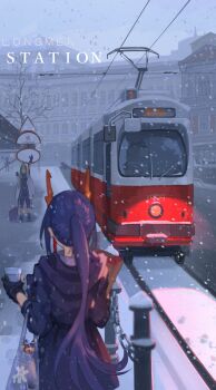 1979 absurdres arknights bag ch'en_(arknights) commentary dragon_girl fingerless_gloves from_behind gloves highres horns hoshiguma_(arknights) o2_(rin617) oni orange_horns paper_bag railroad_tracks single_horn skin-covered_horns snow snowing train tram waving_arm