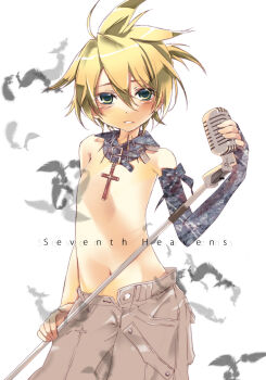 1boy bishounen blonde_hair blush commentary_request feathers green_eyes grey_background grey_pants hekicha high_ponytail highres holding holding_microphone kagamine_len male_focus microphone microphone_stand navel no_nipples open_fly pants parted_lips ponytail short_hair short_ponytail shota simple_background solo teeth topless_male vocaloid