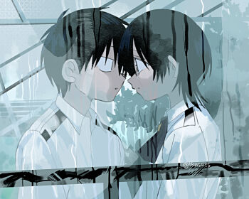 1boy 1girl black_hair collared_shirt commentary_request couple crying crying_with_eyes_open eye_contact glass highres looking_at_another original shirt short_hair takanashi_atashi tears upper_body water_on_glass