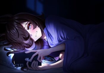 1girl absurdres animal_ears bed blanket brown_hair cellphone commentary crying english_commentary flipped_hair hair_over_one_eye highres holding holding_phone horse_ears horse_girl long_hair looking_at_phone lying manjo_(warito) on_side pajamas phone pillow purple_eyes purple_pajamas purple_shirt rice_shower_(umamusume) shirt smartphone solo tears umamusume under_covers