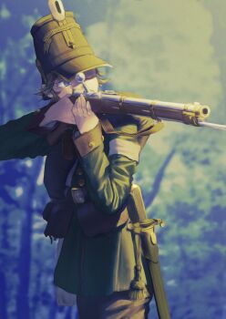 1girl aiming ammunition_pouch bayonet black_hat blue_eyes brown_pants commentary_request cowboy_shot dreyse_needle_gun forest green_jacket gun hat highres holding holding_gun holding_weapon jacket karasumi_(sumizono) military military_jacket military_uniform nature one_eye_closed original pants pouch prussia revision sheath short_hair soldier solo weapon