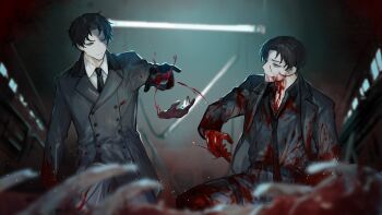 2boys :| backlighting black_gloves black_hair black_jacket black_necktie black_skirt blood blood_on_clothes blood_on_face blood_on_hands blood_stain blood_trail blurry blurry_foreground bone ceiling_light closed_mouth collared_shirt disgust expressionless gloves green_eyes grin highres jacket light_particles looking_at_another multiple_boys necktie original partially_shaded_face severed_hand shirt short_hair skirt smile squatting tossing white_shirt wuruko