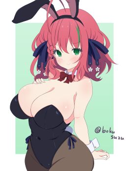 >:) 1girl ahoge animal_ears arm_behind_back armpit_crease assault_lily bare_arms bare_shoulders black_hairband black_ribbon blush border bow bowtie braid breasts brown_pantyhose closed_mouth commentary covered_groin covered_navel cowboy_shot detached_collar fake_animal_ears fake_tail flower green_background green_eyes green_streaks hair_between_eyes hair_flower hair_ornament hair_ribbon hairband hand_on_own_chest hand_up highres large_breasts medium_hair misaki_naoe multicolored_hair outside_border pantyhose playboy_bunny rabbit_ears rabbit_tail red_bow red_bowtie red_hair revision ribbon shibukawa_chie side_braid simple_background single_braid smile solo standing streaked_hair tail twitter_username v-shaped_eyebrows white_border white_flower white_wrist_cuffs wrist_cuffs