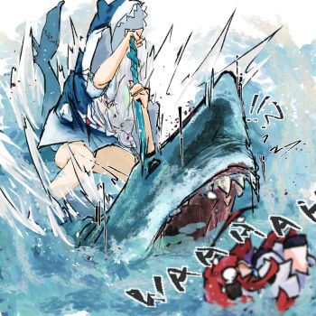 2girls ahoge chibi elizabeth_rose_bloodflame english_text fins fish_tail gawr_gura gawr_gura_(1st_costume) hololive hololive_english impaled long_hair momomosu_su multiple_girls open_mouth polearm red_hair screaming shark shark_girl shark_tail sharp_teeth swimming tail tears teeth virtual_youtuber weapon