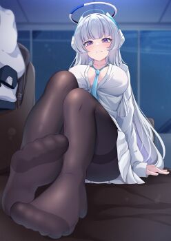 1girl black_pantyhose blue_archive blush breasts highres large_breasts long_hair looking_at_viewer moyoron necktie noa_(blue_archive) pantyhose purple_eyes shirt sitting smile solo white_hair white_shirt