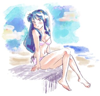 1girl barefoot bikini blue_hair blue_sky breasts cone_horns faux_traditional_media feet from_side full_body highres horns long_hair looking_at_viewer lum navel outdoors pink_bikini pointy_ears sauizph side-tie_bikini_bottom sidelocks sitting sky solo swimsuit toes urusei_yatsura