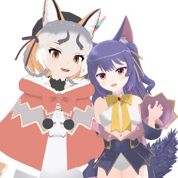 .live 2girls animal_ears blue_hair extra_ears grey_hair highres island_fox_(kemono_friends) kemono_friends kemono_friends_v_project long_hair multiple_girls ribbon rurun_rururica simple_background udensha virtual_youtuber