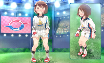 1girl 22m black_socks blue_sky blurry blurry_background blush brown_hair clothes_writing cloud collared_shirt crowd day embarrassed female_focus flat_chest floodlights full_body gloria_(pokemon) gloves grass highres holding holding_poke_ball indoors loli long_sleeves matching_hair/eyes multiple_views nintendo nose_blush open_mouth partially_fingerless_gloves pee peeing peeing_self people pigeon-toed poke_ball poke_ball_(basic) pokemon pokemon_swsh puddle red_footwear shirt shoes short_hair short_shorts shorts sidelocks single_glove sky socks stadium standing steam straight-on tears teeth wet wet_clothes white_gloves white_shirt white_shorts white_socks