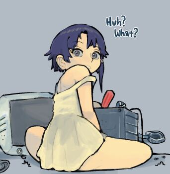 1girl 1her0 ? asymmetrical_hair computer dress english_text grey_background grey_eyes hair_ornament iwakura_lain looking_at_viewer monitor ribbon serial_experiments_lain short_hair single_sidelock sitting sleeveless speech_bubble sundress