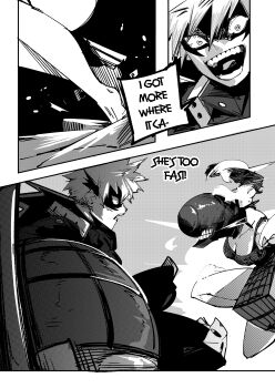 1boy 1girl absurdres bakugou_katsuki battle black_vest boku_no_hero_academia breasts chainsaw_man choker cleavage clenched_teeth commentary crossover english_commentary english_text eye_mask grenade_pin greyscale hair_between_eyes highres jumpsuit mask medium_breasts monochrome neitheyagi object_head open_mouth parted_lips reze_(chainsaw_man) speech_bubble spiked_hair superhero_costume teeth tongue vest