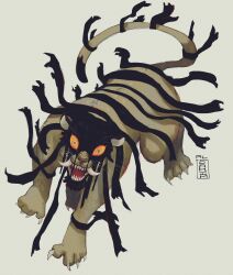 Rule 34 | al sahim, animal focus, artist name, claws, colored sclera, constricted pupils, dream tiger (govy9807), from above, full body, highres, looking at viewer, monster, no humans, open mouth, orange sclera, original, sharp teeth, simple background, solo, teeth, tiger, tusks, whiskers, yellow background, yellow eyes