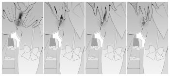 1girl 4koma absurdres black_hair blunt_bangs book bow cardcaptor_sakura chair clitoral_hood clitoral_stimulation close-up comic couch daidouji_tomoyo desk dress female_focus female_masturbation female_pubic_hair garter_belt garter_straps gluteal_fold greyscale highres indoors lace-trimmed_garter_belt lace_garter_belt lace_trim loli long_hair looking_at_viewer masturbation monochrome multiple_views plant potted_plant pubic_hair pussy pussy_juice recording revealing_clothes ribbon spread_pussy spreading_own_pussy standing standing_on_one_leg thighhighs third-party_edit ukokkei uncensored unworn_clothes white_bow white_dress white_garter_straps white_ribbon white_thighhighs