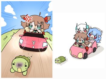 Rule 34 | 3girls, ahoge, antennae, bao the whale, blue eyes, blue sky, brown hair, car, cardigan, chibi, commentary, convertible, driving, ellie minibot, english commentary, grass, hair between eyes, hair ornament, hat, heart, heart hair ornament, highres, indie virtual youtuber, long hair, motor vehicle, multiple girls, neuro-sama, on car, owo uou, pink car, red eyes, running, sitting, sky, turtle, two side up, vedal987, vedal ai, virtual youtuber, white background, white hat, yellow cardigan
