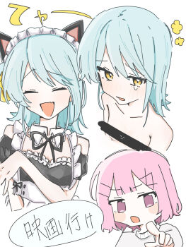 amaori_renako aqua_hair blush_stickers censored fang highres idimushoten koyanagi_kaho maid maid_headdress pink_hair pointing pointing_at_viewer skin_fang tears watashi_ga_koibito_ni_nareru_wake_naijan_murimuri!