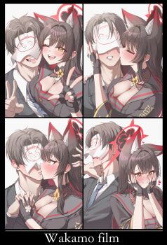 1boy 1girl absurdres animal_ear_fluff animal_ears black_gloves black_hair black_jacket black_kimono black_nails blue_archive blue_necktie blush breasts closed_mouth collared_shirt colored_inner_hair commentary_request doodle_sensei_(blue_archive) embarrassed extra_ears fingerless_gloves fox_ears fox_girl gloves grey_sailor_collar gyu_chul halo hand_on_another's_head hand_on_own_neck hands_on_own_face highres interlocked_fingers jacket japanese_clothes kimono kiss korean_commentary large_breasts long_hair multicolored_hair necktie one_eye_closed open_mouth red_hair red_halo sailor_collar sensei_(blue_archive) shirt short_hair two-tone_hair w wakamo_(blue_archive) white_shirt yellow_eyes