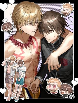 ... 2boys blonde_hair body_markings brown_eyes brown_hair character_doll chibi chibi_inset commentary_request doll earrings fate/extra fate_(series) gakuran gilgamesh_(fate) gorirataro_re gym_shirt gym_shorts gym_uniform heart highres jacket jewelry kishinami_hakuno_(male) long_sleeves male_focus male_swimwear multiple_boys multiple_views necklace open_mouth red_eyes school_uniform shirt short_hair short_sleeves shorts smile speech_bubble spoken_ellipsis sweatdrop topless_male