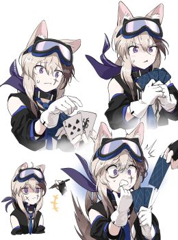 +++ 1girl 1other absurdres animal_ears arknights black_collar black_gloves black_sleeves black_vest blue_neckwear brown_hair cardigan_(arknights) collar commentary detached_sleeves dog_ears dog_girl dog_tail drawdrawdeimos drawing_on_another&#039;s_face fingerless_gloves gloves goggles goggles_on_head hair_between_eyes highres multicolored_hair multiple_views neckerchief necktie nervous out_of_frame purple_eyes purple_neckerchief simple_background streaked_hair sweatdrop tail tail_raised upper_body v-shaped_eyebrows vest white_background white_gloves writing_on_face