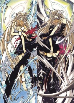 00s 4girls absurdres black_dress boots brown_hair chii chobits clamp dress elbow_gloves freya gloves half-closed_eyes head_on_chest high_heel_boots high_heels highres hug long_hair multiple_girls sakura_hime short_hair symmetry tsubasa_chronicle very_long_hair