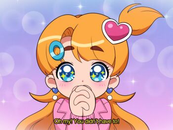 1girl artist_self-insert bishie_sparkle blue_background blue_eyes blush bubble_background colorful_background commentary covering_own_mouth dot_nose earrings english_commentary fake_screenshot gradient_background hair_ornament hairclip heart heart_hair_ornament highres indie_virtual_youtuber interlocked_fingers jacket jewelry lapels long_hair long_sleeves looking_at_viewer marikyuunn marikyuunn_(vtuber) marikyuunn_(classic)_(vtuber) one_side_up orange_hair own_hands_clasped own_hands_together pink_background pink_jacket portrait purple_background solo sparkling_eyes subtitled tareme thick_eyebrows three-toned_background virtual_youtuber