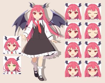 1girl 4rion absurdres alternate_hair_length alternate_hairstyle black_footwear black_skirt black_vest black_wings bobby_socks brown_background collared_shirt commentary_request demon_wings frilled_skirt frills full_body green_eyes head_wings highres koakuma long_hair long_sleeves looking_at_viewer mary_janes multiple_expressions necktie offering_hand pink_hair red_eyes red_necktie shirt shoes short_hair skirt socks standing tachi-e touhou very_long_hair vest white_socks wings