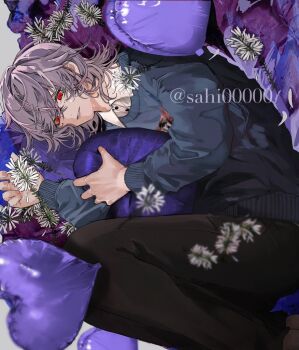 1boy balloon black_pants blue_sweater commentary_request crossed_bangs feet_out_of_frame flower hair_between_eyes heart heart-shaped_pillow heart_balloon hugging_object long_sleeves looking_at_viewer lying male_focus medium_hair original pants parted_lips pillow pillow_hug purple_hair sahi00000 solo sweater white_flower