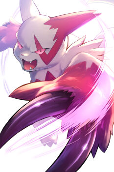 claws commentary_request fangs furrowed_brow gen_3_pokemon highres looking_at_viewer nintendo no_humans open_mouth pink_eyes pokemon pokemon_(creature) pokemon_focus rumine_(yoshi1234567) solo swiping tongue zangoose