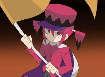 1girl 4my_princess cape closed_mouth commentary_request flag flat_chest gradient_background hat head_flag holding holding_flag jacket jakusha_no_machi kasane_teto long_sleeves looking_at_viewer no_nose orange_background red_eyes red_hair red_hat red_jacket short_hair solo synthesizer_v upper_body utau