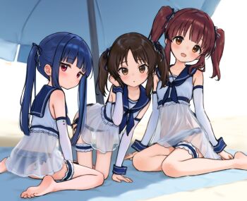 Rule 34 | 3girls, bikini, blue bikini, blue hair, blush, brown eyes, brown hair, detached sleeves, fairy feast (idolmaster), flat chest, frilled thigh strap, highres, idolmaster, idolmaster cinderella girls, jia wenyuan, long hair, looking at viewer, multiple girls, ogata chieri, orange eyes, red eyes, sailor collar, sajo yukimi, seaside memory (idolmaster), see-through clothes, smile, sunlight, swimsuit, tachibana arisu, thigh strap, twintails