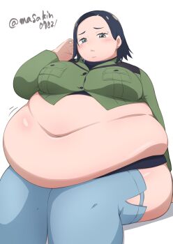1girl absurdres belly big_belly black_hair black_skirt blue_eyes blue_eyeshadow blue_thighhighs blush breasts button_gap comoli_harcourt eyeshadow fat fat_rolls fat_woman green_shirt gundam gundam_gquuuuuux hand_in_own_hair highres large_breasts makeup masakin multicolored_eyes navel obese open_mouth shirt short_hair sitting skirt solo thighhighs tight_clothes twitter_username undersized_clothes white_background yellow_eyes