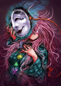 2b-ge aura blue_shirt breasts buttons chinese_commentary determined expressionless eye_trail glint gradient_background hata_no_kokoro highres holding holding_mask ko-omote_mask light_trail mask medium_breasts noh_mask one-hour_drawing_challenge pink_eyes pink_hair plaid_clothes purple_background purple_skirt shirt skirt touhou