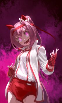 1girl animal_ears bandaid bandaid_on_leg blush bow brown_hair buruma ear_bow ear_covers flower-shaped_pupils flower_in_eye gloves hairband haru_urara_(bestest_prize)_(umamusume) haru_urara_(umamusume) hashtag-only_commentary headband highres horse_ears horse_girl horse_tail inishie_kumo jacket long_hair looking_at_viewer open_mouth pink_buruma pink_eyes pink_hair pink_headband ponytail red_buruma red_gloves red_headband shirt smile solo symbol-shaped_pupils symbol_in_eye tail umamusume