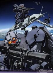 aircraft artist_request assault_visor beam_rifle energy_gun flying gundam gundam_perfect_file gundam_unicorn holding holding_weapon jesta key_visual lowres machinery magazine_scan mecha mecha_focus mobile_suit no_humans official_art promotional_art riding robot scan science_fiction spacecraft weapon yellow_visor