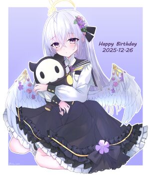 1girl absurdres azusa_(blue_archive) black_dress blue_archive blush dress feathered_wings flower flower_ornament frown full_body green_flower hair_between_eyes hair_flower hair_ornament halo happy_birthday highres hugging_object long_hair looking_at_viewer nite. pink_flower purple_eyes purple_flower shirt sitting solo very_long_hair white_hair white_shirt white_wings wings yellow_halo