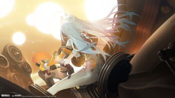 1girl absurdres ahoge blue_hair bodysuit breasts copyright_name copyright_notice driving explosion facing_away floating_hair from_behind hair_intakes highres logo long_hair multicolored_bodysuit official_art official_wallpaper orange_bodysuit shuguang_(xinyue_tongxing) sitting solo spacecraft_interior two-tone_bodysuit very_long_hair white_bodysuit xinyue_tongxing