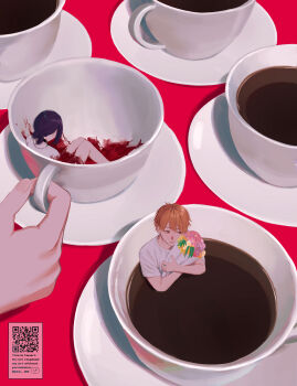 1boy 1girl 1other absurdres artist_name black_choker blood bouquet chainsaw_man choker coffee cup death denji_(chainsaw_man) drink english_text flower food gm_gn8 hair_bun highres holding holding_bouquet in_food orange_hair partially_submerged purple_hair reze_(chainsaw_man) saucer shirt short_hair single_hair_bun teacup twitter_username watermark white_shirt