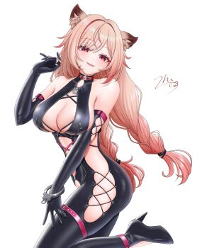 1girl absurdres animal_ear_fluff ankle_strap bare_shoulders black_bodysuit black_gloves black_shoes blonde_hair blush bodysuit braid breasts catsuit chinese_commentary cleavage clothing_cutout commentary covered_collarbone cowboy_shot elbow_gloves gloves gradient_hair hair_between_eyes hair_ears high_heels highres large_breasts long_hair looking_at_viewer low_twin_braids mia_skye multicolored_hair official_alternate_costume parted_lips pink_eyes pink_hair shoes side_cutout sidelocks signature simple_background single_handcuff skindentation sleeveless sleeveless_bodysuit smile snowbreak:_containment_zone solo standing standing_on_one_leg thigh_strap twin_braids two-tone_hair unzipped white_background zhuzhu_(pixiv_65317986) zipper zipper_pull_tab