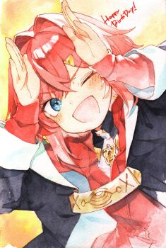 1girl :d absurdres ange_katrina ange_katrina_(1st_costume) arms_up black_coat blue_eyes blush cardigan coat commentary_request crossed_bangs hair_behind_ear hair_intakes hair_ornament happy_birthday highres long_sleeves looking_at_viewer medium_hair nijisanji one_eye_closed open_mouth painting_(medium) rabbit_pose red_cardigan red_hair smile solo sukuna136 traditional_media triangle_hair_ornament upper_body virtual_youtuber watercolor_(medium) yellow_background