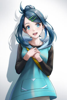 1girl :d black_hair black_shirt blue_eyes commentary eyelashes hair_bun hair_ornament hairclip hands_up happy head_tilt highres liko_(pokemon) medium_hair nintendo open_mouth own_hands_together pokemon pokemon_(anime) pokemon_horizons redpoke shirt shorts smile solo strap swept_bangs teeth tongue upper_teeth_only vest