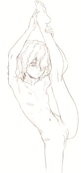 1girl absurdres armpits arms_up barefoot berserk body_freckles breasts butterchalk completely_nude feet flexible freckles hair_over_one_eye highres holding_own_leg isma kneepits leg_lift monochrome nipples nude petite pussy ribs short_hair simple_background sketch skinny small_breasts soles solo split spread_legs standing standing_on_one_leg standing_split toes white_background