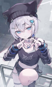 1girl animal_hat asashin_(asn) black_collar black_hat black_shorts blue_eyes blue_nails cat_hat closed_mouth collar commentary fishnet_thighhighs fishnets grey_hair hair_ornament hairclip hat heart heart_hair_ornament heart_hands highres jewelry knee_up looking_at_viewer midriff navel original ring shorts single_thighhigh spiked_collar spikes symbol-only_commentary thighhighs