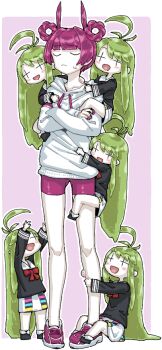 Rule 34 | + +, 6+girls, ahoge, black shirt, blunt bangs, chatgpt-tan, clone, closed eyes, closed mouth, frown, full body, hair rings, hood, hood down, hoodie, long hair, man (man-room), multiple girls, open mouth, original, pink background, purple hair, purple shoes, purple shorts, shirt, shoes, short hair, shorts, simple background, skirt, standing, tone sphere, trin (tone sphere), white background, white hoodie, white skirt