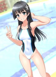 Rule 34 | 1girl, absurdres, black hair, commentary request, competition swimsuit, covered navel, feet out of frame, flower, green eyes, grin, groin, hair flower, hair ornament, highleg, highleg swimsuit, highres, long hair, one-piece swimsuit, partial commentary, pool, saten ruiko, smile, solo, standing, swimsuit, takafumi, toaru kagaku no railgun, toaru majutsu no index, two-tone swimsuit, v, variant set, white one-piece swimsuit