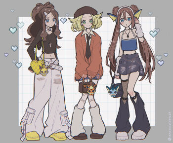 3girls bag belt beret bianca_(pokemon) black_necktie blonde_hair blue_eyes blue_shirt border brown_cardigan brown_hair brown_hat cardigan collared_shirt commentary_request crop_top denim denim_skirt double_bun enekonoshippo27 fins fishnet_pantyhose fishnets flareon gen_1_pokemon green_eyes grey_border grey_skirt hair_bun hair_ornament hairband hairclip handbag hat head_fins heart hilda_(pokemon) jolteon leg_warmers long_hair looking_at_viewer midriff multiple_girls necktie nintendo pants pantyhose pixel_art pokemon ponytail rosa_(pokemon) shirt single_thighhigh skirt thighhighs vaporeon white_belt white_pants