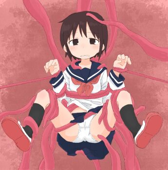 1girl blue_sailor_collar blue_skirt blush brown_eyes brown_hair cameltoe clenched_teeth clothes_lift female_focus flat_chest full_body hands_up loli long_sleeves looking_at_viewer m_legs matching_hair/eyes miniskirt neckerchief original panties pink_background pleated_skirt ponnu_(tnpn2yw) raised_eyebrows red_neckerchief red_shoes restrained sailor_collar school_uniform serafuku shirt shoes short_hair sidelocks skirt skirt_lift solo spread_legs straight-on teeth tentacles tentacles_under_clothes underwear variant_set wavy_mouth white_panties white_shirt