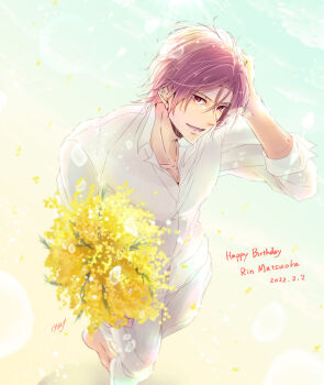 Rule 34 | 1boy, absurdres, arm up, barefoot, bouquet, character name, collared shirt, commentary request, dated, english text, flower, free!, hand on own head, happy birthday, highres, holding, holding bouquet, looking at viewer, male focus, matsuoka rin, open collar, pants, parted hair, parted lips, purple hair, red eyes, shirt, sleeve cuffs, smile, solo, standing, tsuiri siroiro, white pants, white shirt, wing collar, yellow flower