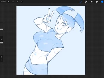 1girl breasts female_focus highres jenny_wakeman my_life_as_a_teenage_robot robot_girl smile solo twintails v